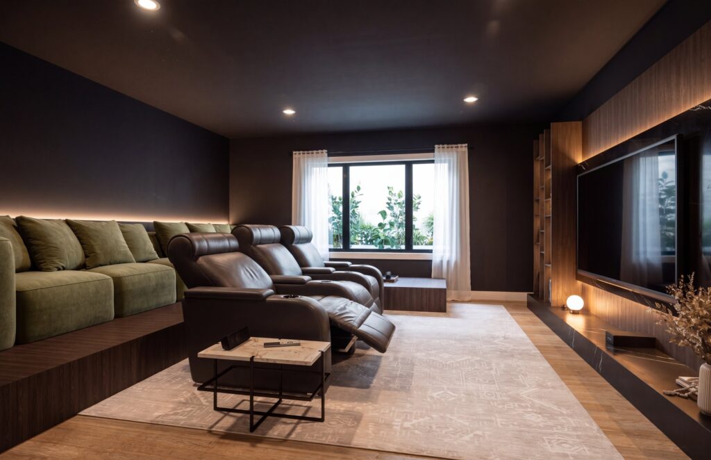 Media room with theater seating in The Hawthorne by Mirikeen Homes