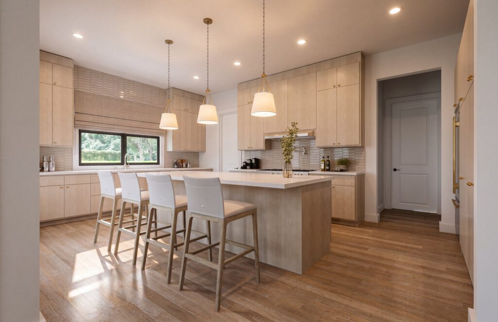 Kitchen with island seating in The Hawthorne by Mirikeen Homes