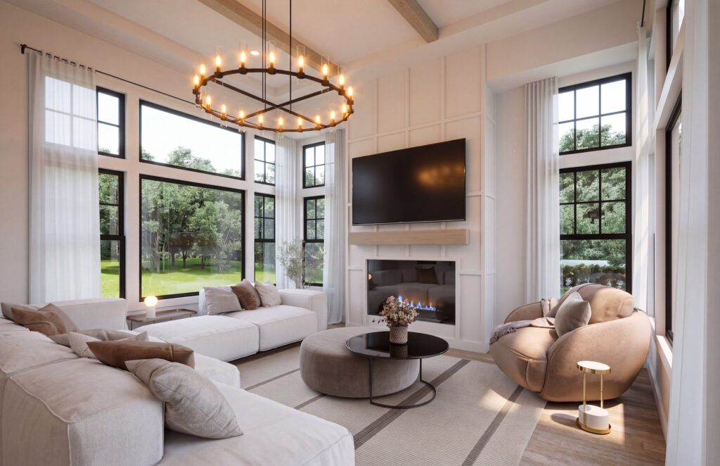 Great room with fireplace and tall windows in The Hawthorne by Mirikeen Homes
