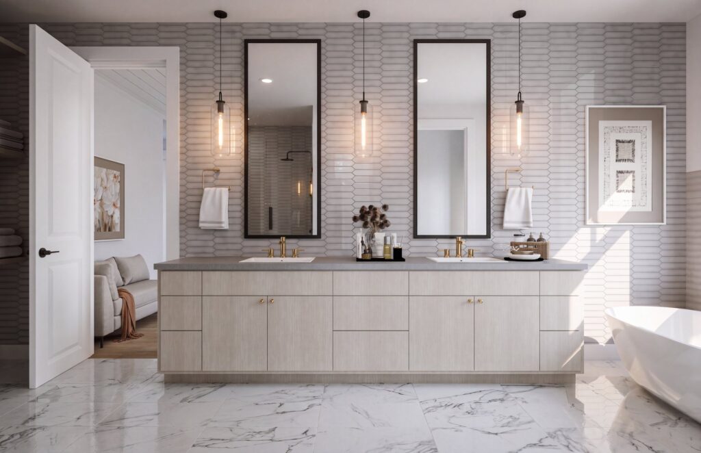 Primary bath double vanity in The Hawthorne by Mirikeen Homes