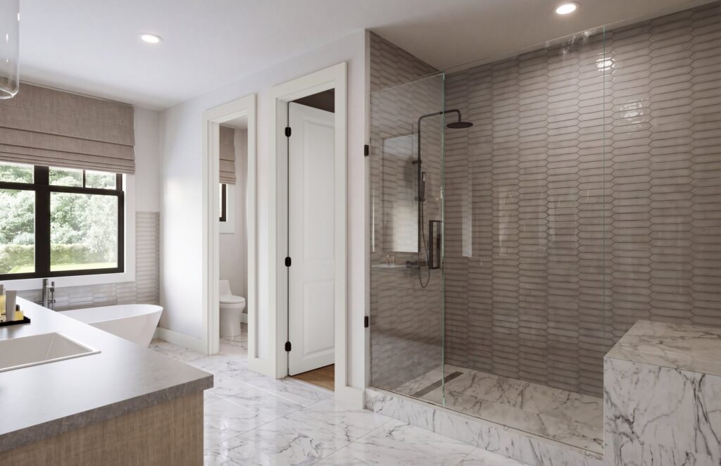 Primary bath walk-in shower in The Hawthorne by Mirikeen Homes